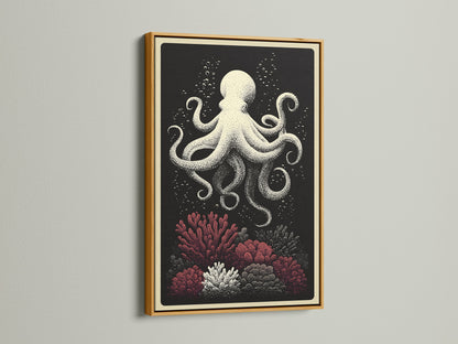 Gold Frame art print. This octopus canvas print is nautical wall art. It includes coral reef art for coastal home decor. The gold frame adds a touch of elegance. It's perfect ocean creature artwork for a stylish home.