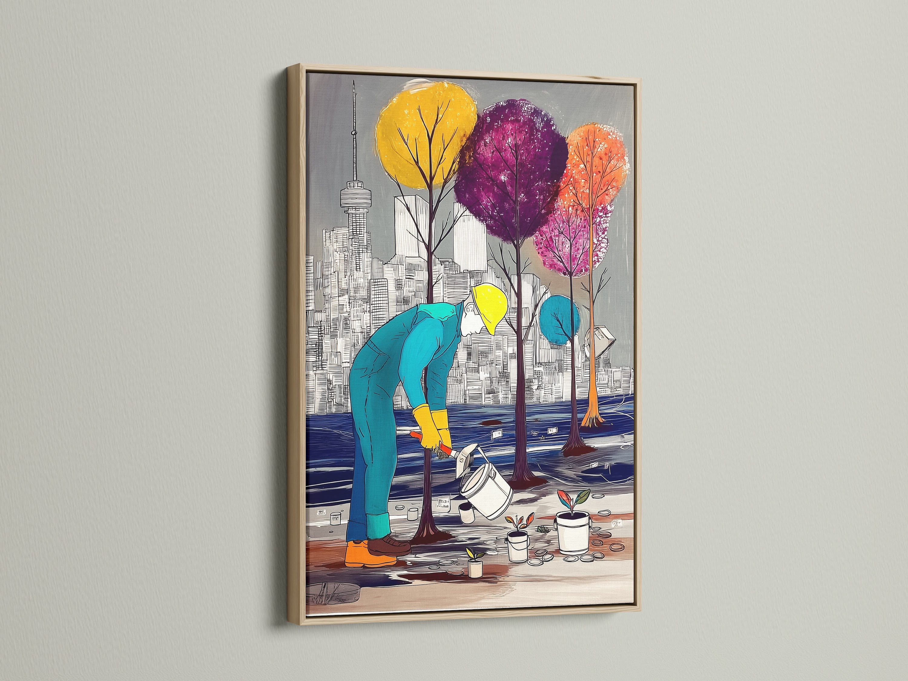 The City Gardener Canvas Print is displayed with an oak frame. This urban landscape wall art brings a modern touch to any room. Notice the colorful trees artwork perfect for office decor. Cityscape art adds a unique touch to your space. Planting art evokes a sense of growth.