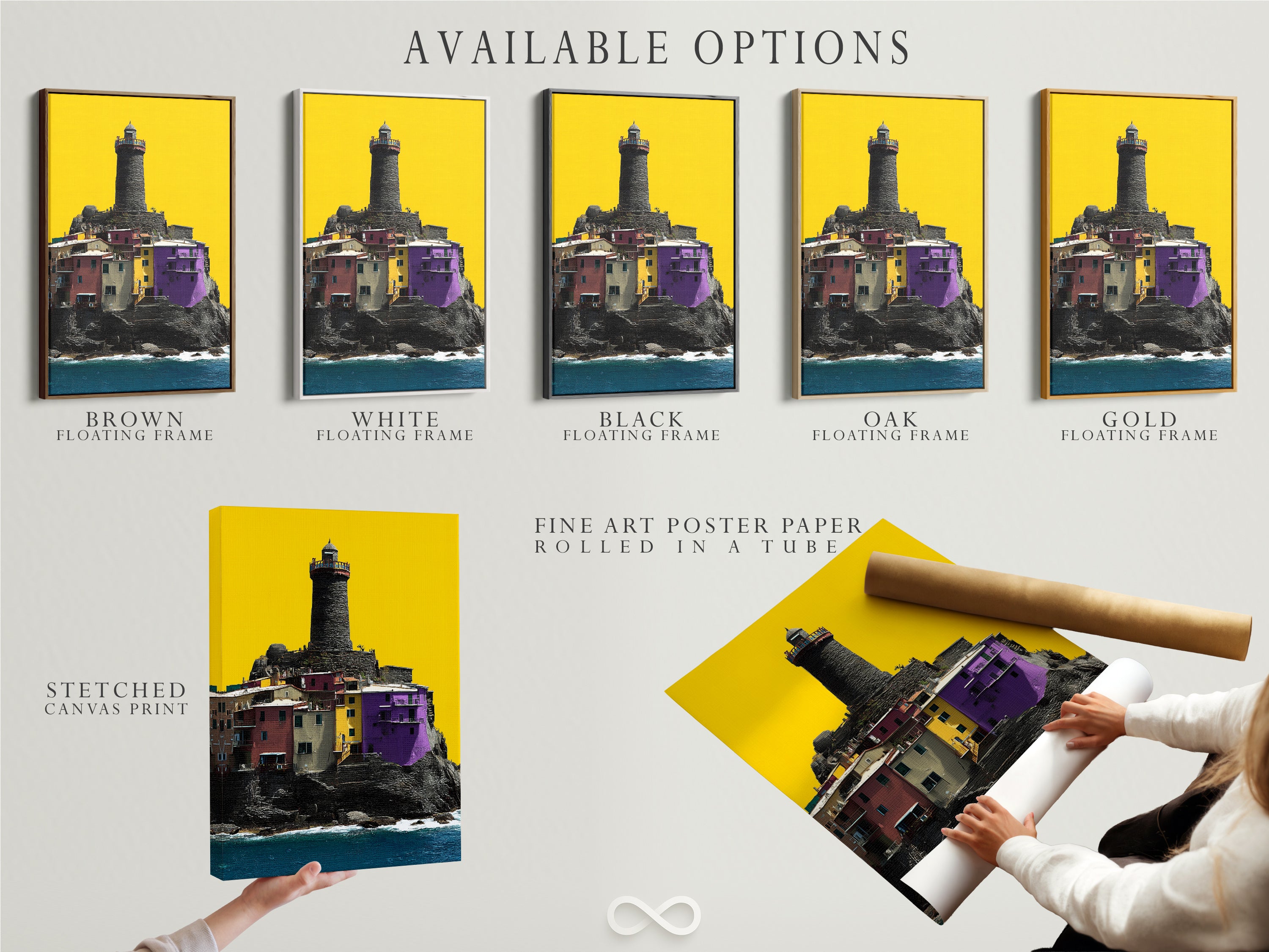 Available options for the Coastal Lighthouse artwork: stretched canvas print fine art poster paper and floating frame. Customize the artwork to fit your style. Add a touch of coastal charm with these versatile options.