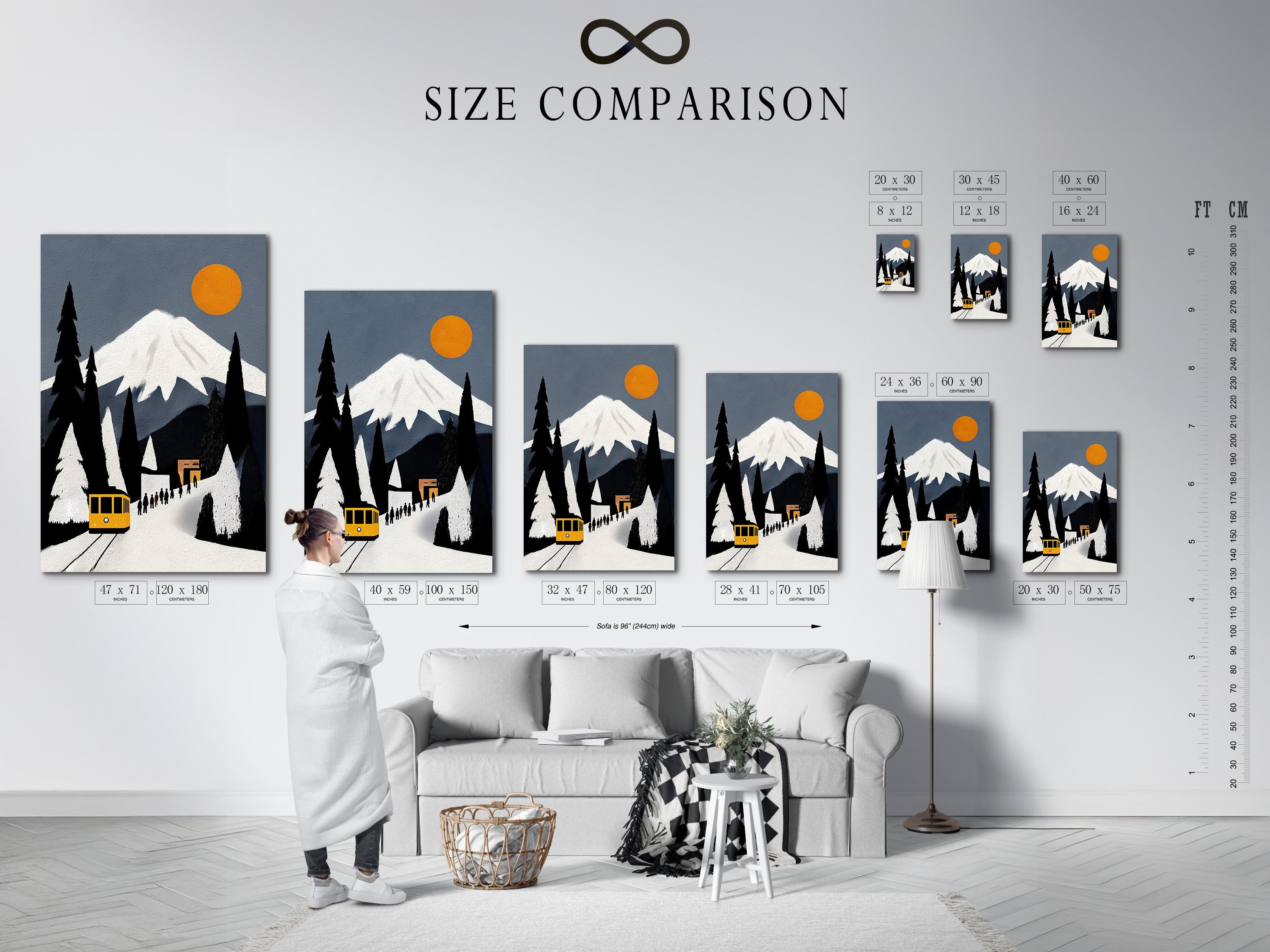 Size comparison chart in an interior setting. See how the Mountain Train canvas art print fits in your space. Visualize vintage travel poster art in your home or office. Alpine railway art.