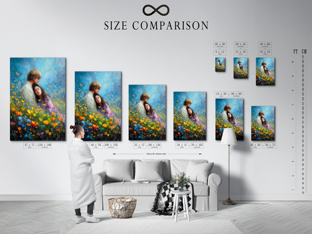 A size comparison chart displayed in an interior setting. The chart illustrates available artwork sizes. It helps visualize how each size fits in a room. Perfect for choosing the right dimensions for your space.