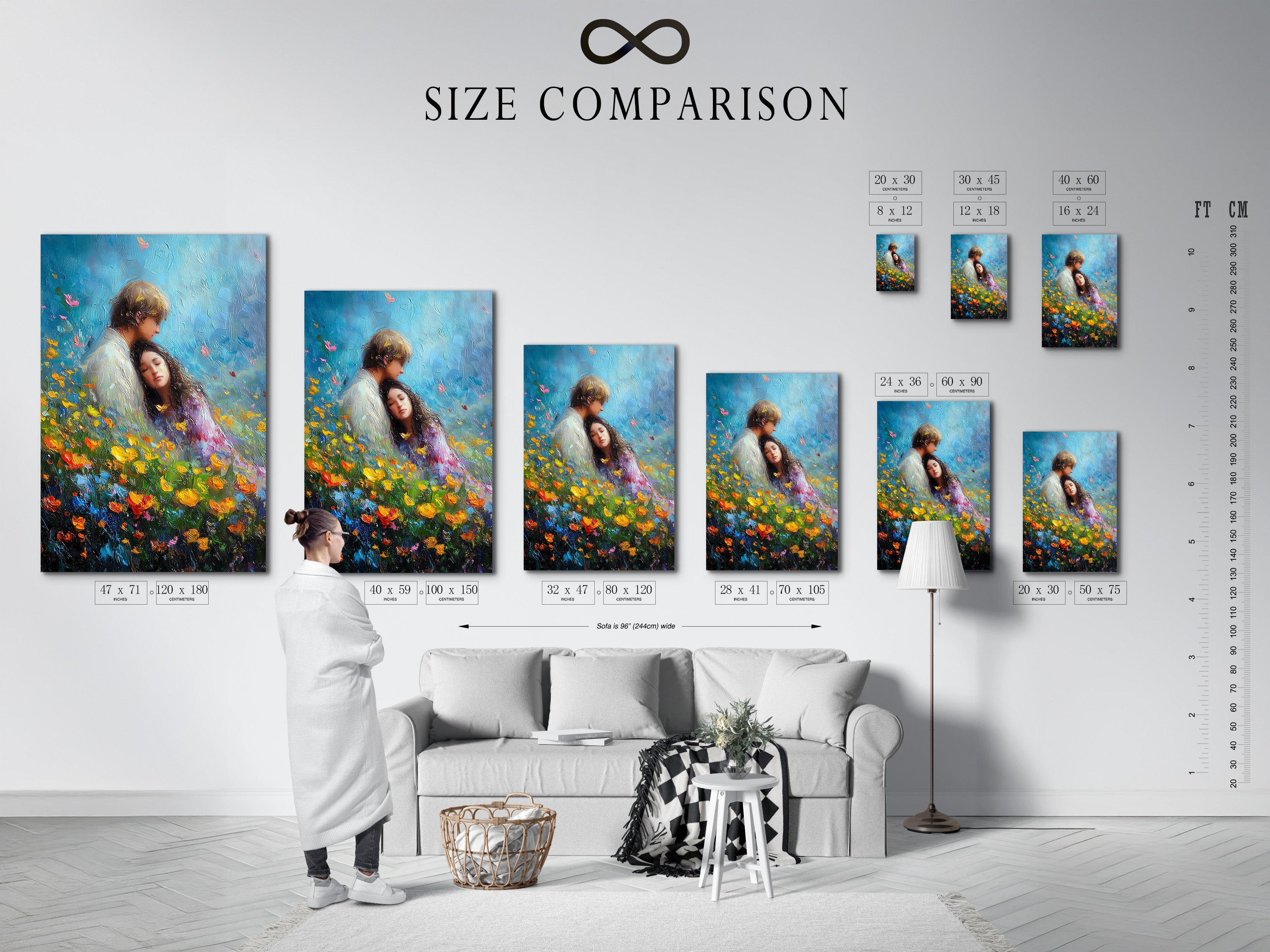 A size comparison chart displayed in an interior setting. The chart illustrates available artwork sizes. It helps visualize how each size fits in a room. Perfect for choosing the right dimensions for your space.