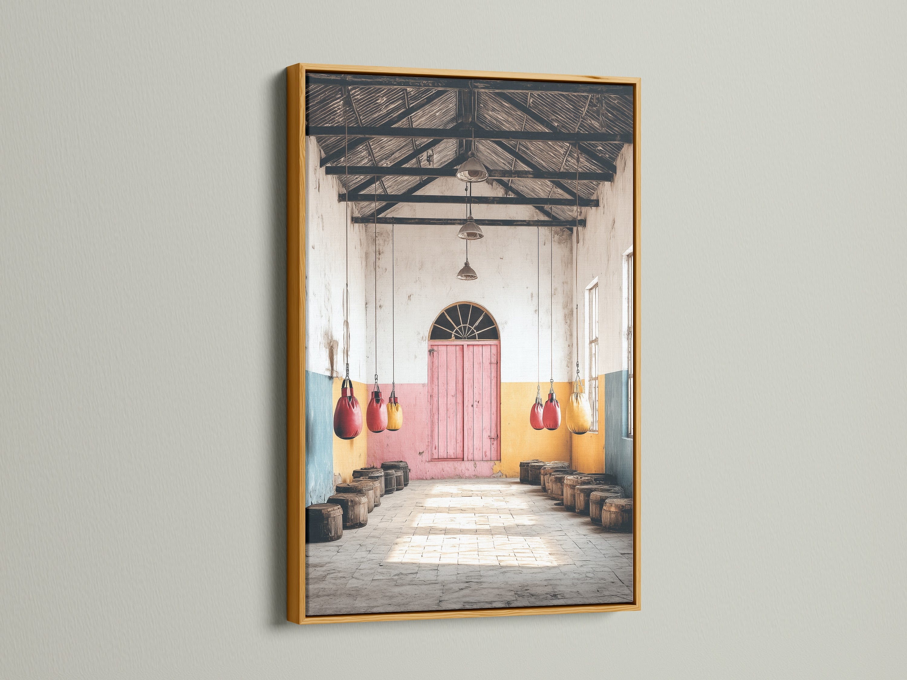The vintage gym canvas print is elegantly displayed in a gold frame. This artwork's faded colors art makes a statement. Perfect as sport decor or boxing decor. This fitness art print is ideal for studios or clinics. The gold frame adds sophistication.