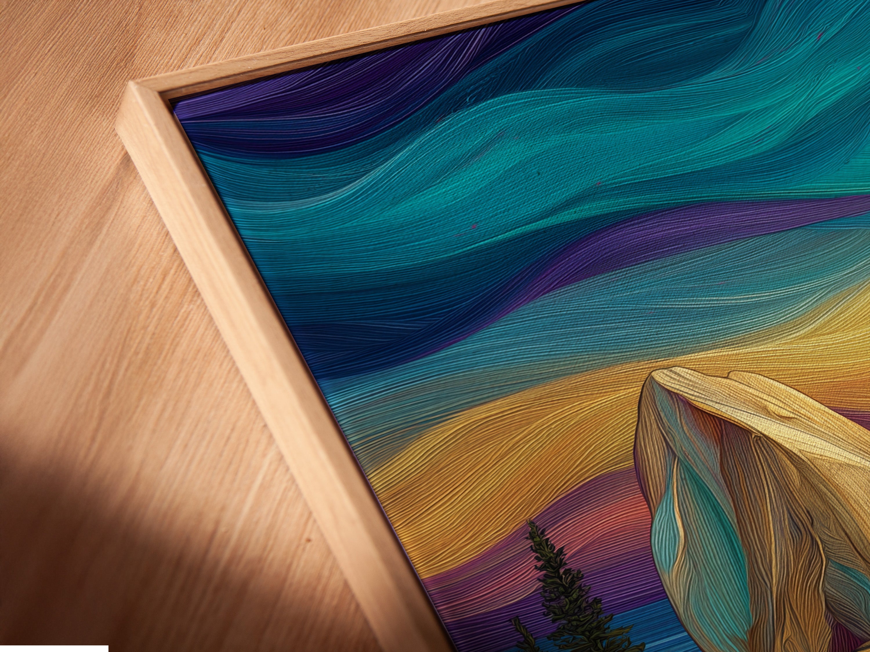 Close-up angled view of a canvas print in a floating frame. The stylized seascape shows teal and purple hues. A modern coastal artwork. Perfect for bedroom wall decor. Enhances any space with nautical wall art.