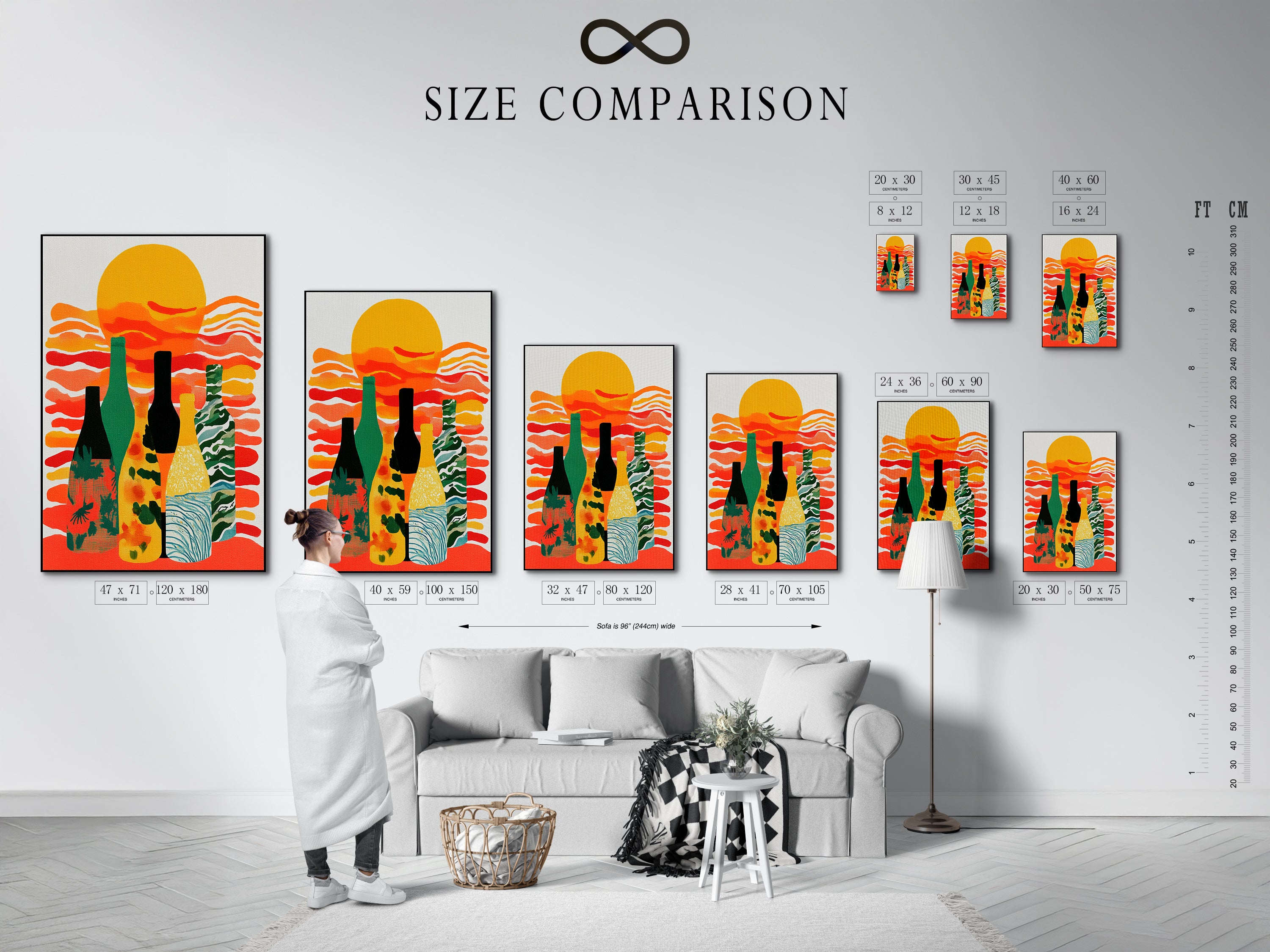 A size comparison chart is displayed in an interior setting. It shows various sizes of the modern abstract wine bottle artwork. Perfect for visualizing how the art fits in kitchens and dining rooms. It's modern and colorful.