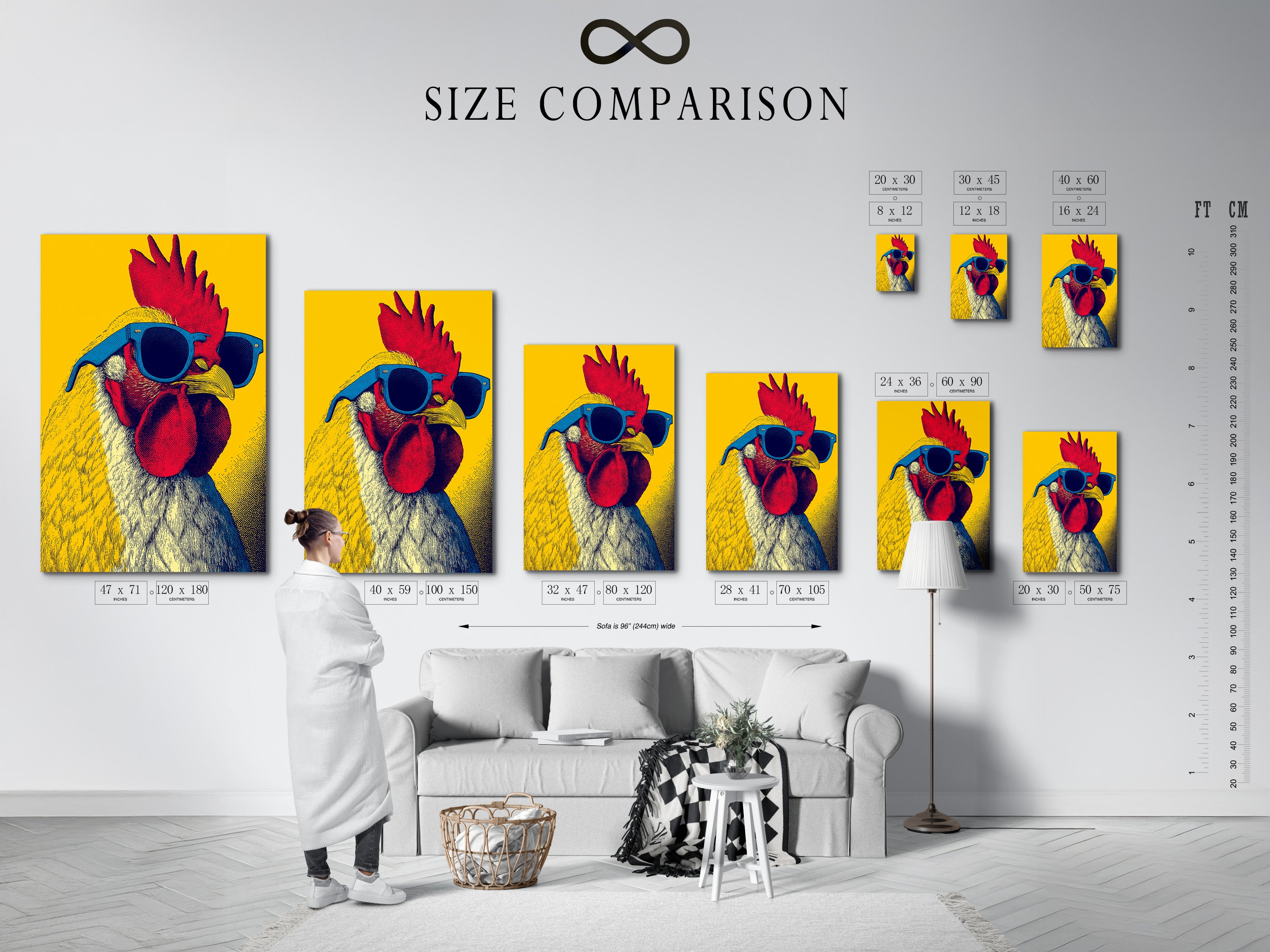 A size comparison chart is displayed in an interior setting. Use this chart to visualize artwork sizes in your space. This helps you choose the perfect size for your needs. See how different sizes transform a room.