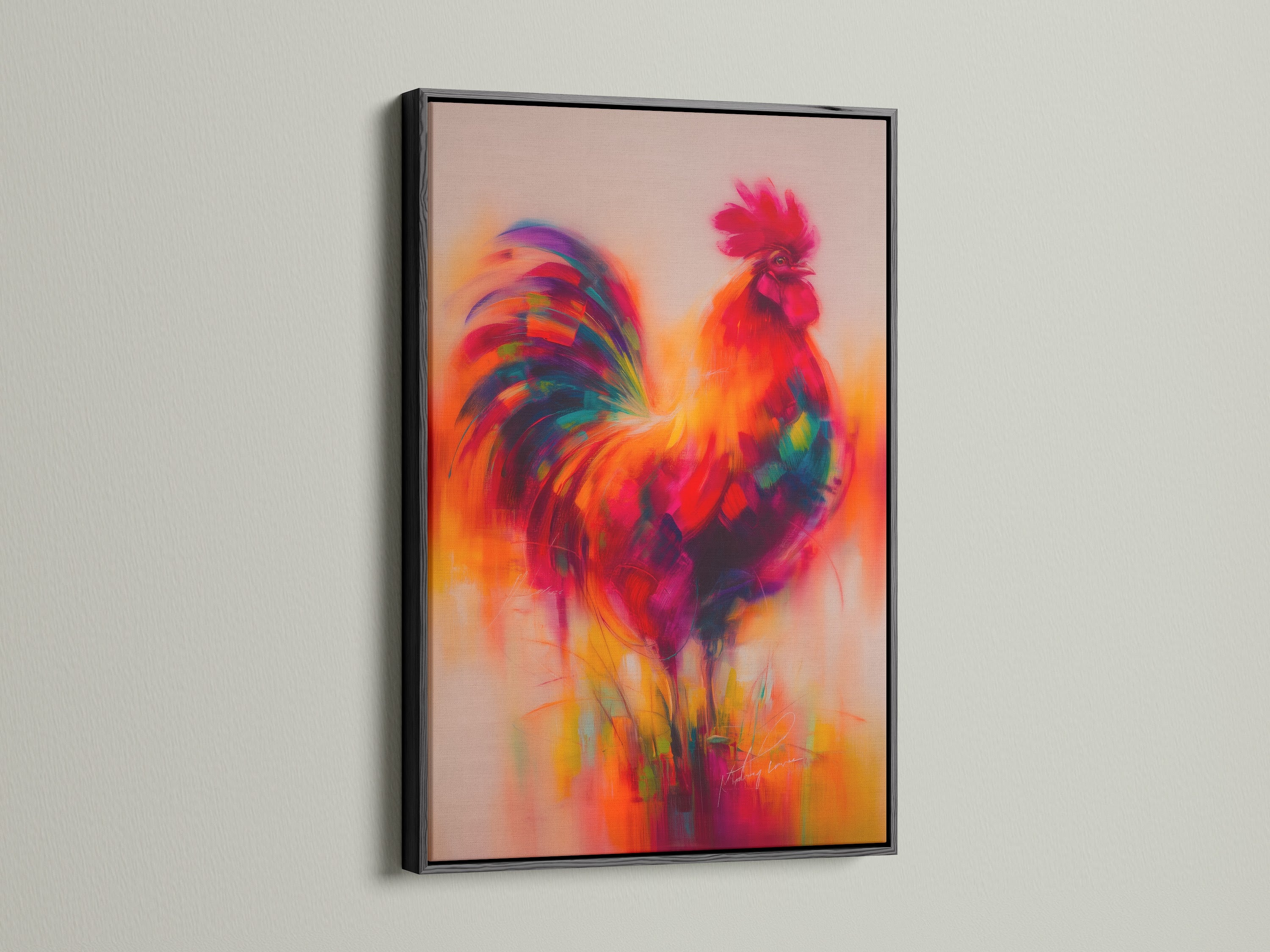 A colorful rooster artwork is presented in a black frame. This striking contrast makes the art pop. It is an excellent choice for contemporary spaces. The black frame adds a touch of sophistication. It is great for studios and lobbies. Discover the impact of this framed art.