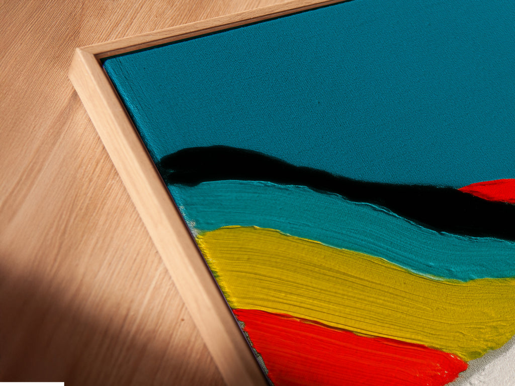 A close-up of a canvas print in a floating frame. This art features vintage car art. The artwork enhances contemporary wall decor for any space. Elevate your wall decor today with colorful art.