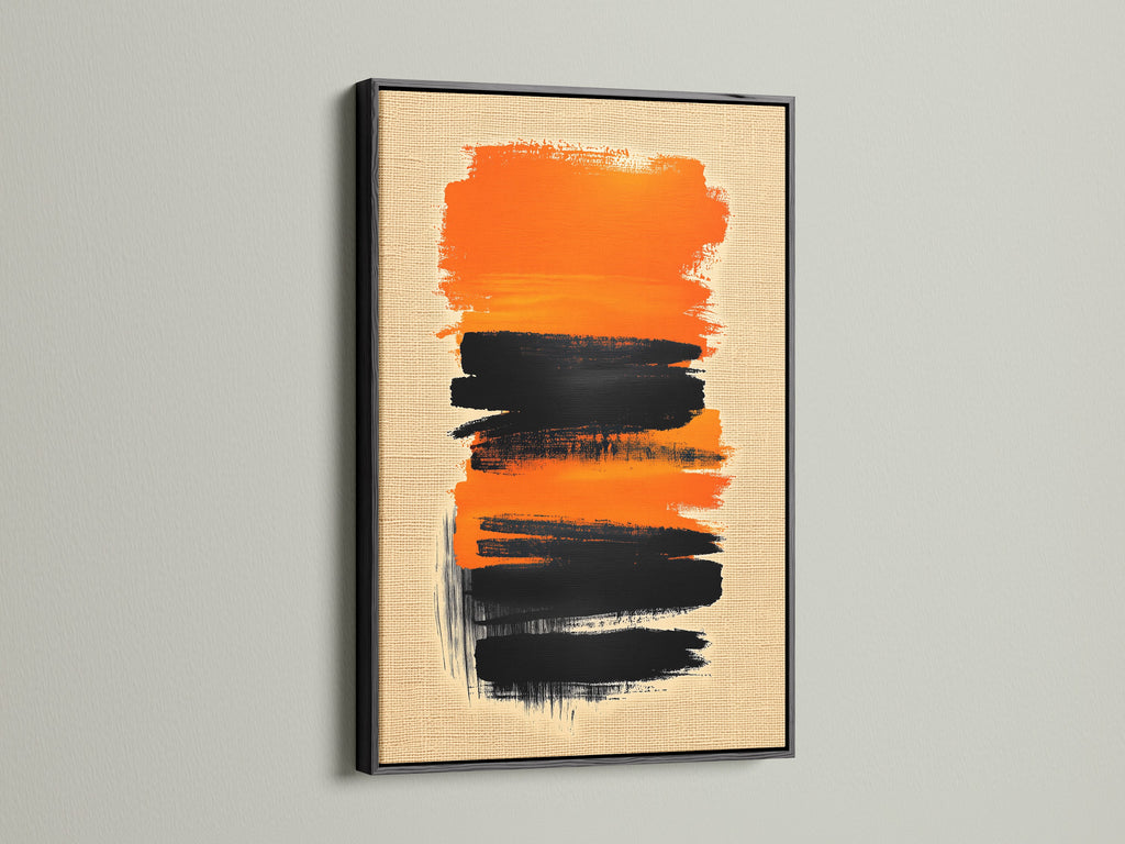 A black frame enhances the Abstract Brush Stroke Art. The orange and black canvas print brings a touch of contemporary style. Ideal for minimalist interiors or as a bold statement piece in your home or office.