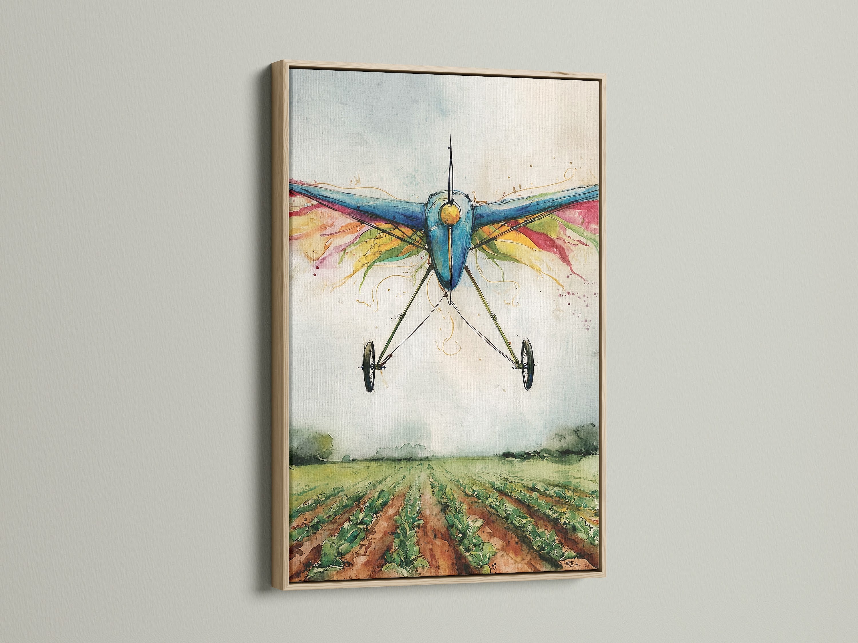 An oak frame elegantly showcases a watercolor airplane artwork print. The vintage biplane is depicted flying over a lush field. This aviation canvas adds vintage charm. Ideal for aviation enthusiasts and farmhouse decor.