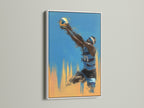 Volleyball Player Art in a crisp white frame. This sports artwork adds a modern touch to any room. The white frame enhances the vibrant blue and orange colors. A great choice for bedroom wall art.