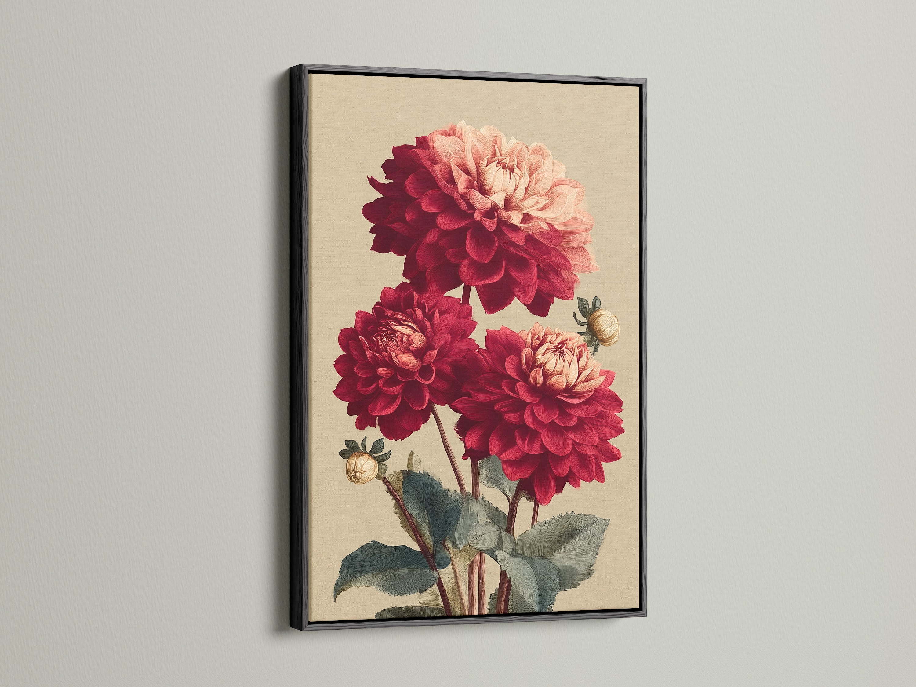 Dahlia Botanical Print in a black frame. The black frame creates a striking contrast with the red flower art. This vintage floral art piece is perfect for adding drama. Enhance your wall decor now.
