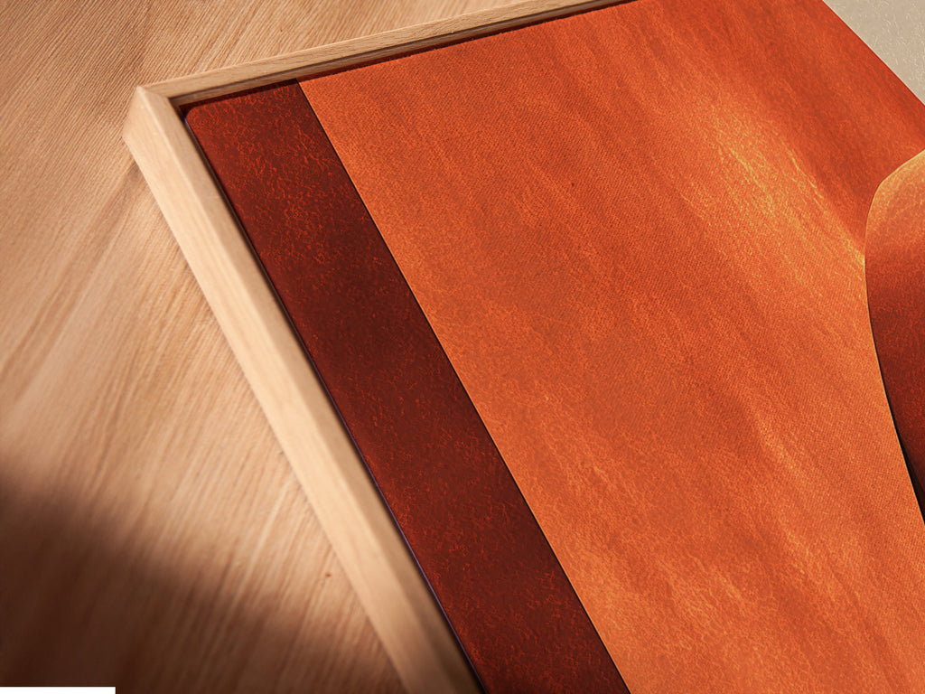 This is a close-up angled view of a canvas print in a floating frame. The floating frame gives the art a modern look. Floating frames add depth and dimension to your artwork. View our canvas print with floating frame for a unique display option.