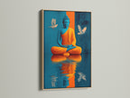 Experience tranquility with our Buddha canvas print. This spiritual zen artwork features teal and gold accents. The oak frame adds a touch of natural elegance. Perfect for meditation rooms and yoga studios. Bring peace and harmony to your space with this exquisite piece.