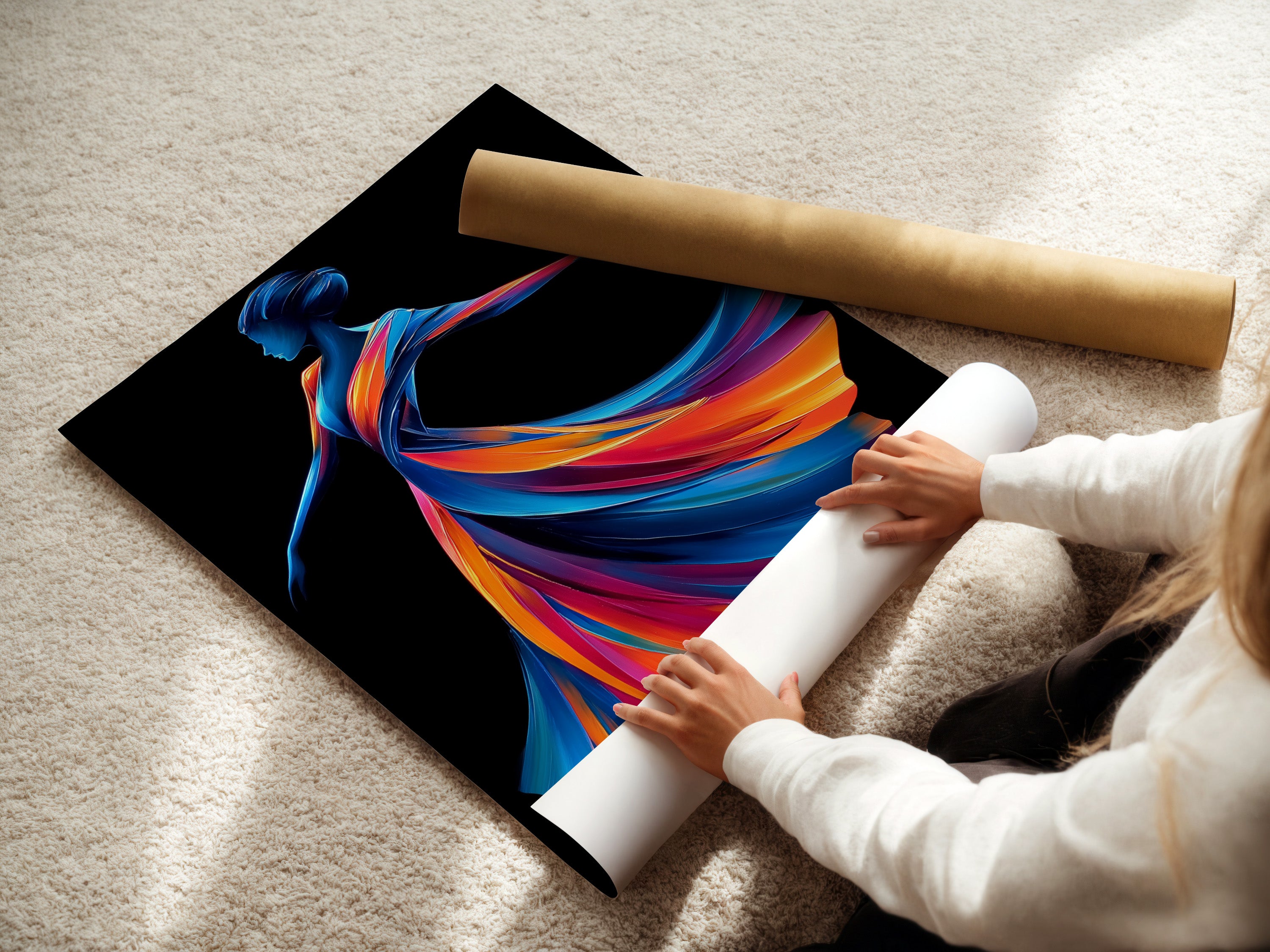 A woman carefully rolls a fine art poster paper. This paper is ready for printing the Dancing Woman artwork. High-quality materials ensure vibrant colors. Perfect for creating stunning wall art. Explore motion art prints.