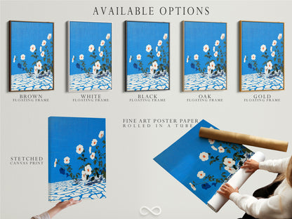 Explore available options for your floral canvas art. Options include stretched canvas prints fine art poster paper and floating frames. Customize your azure blue botanical print to match your style. The flower artwork is versatile.
