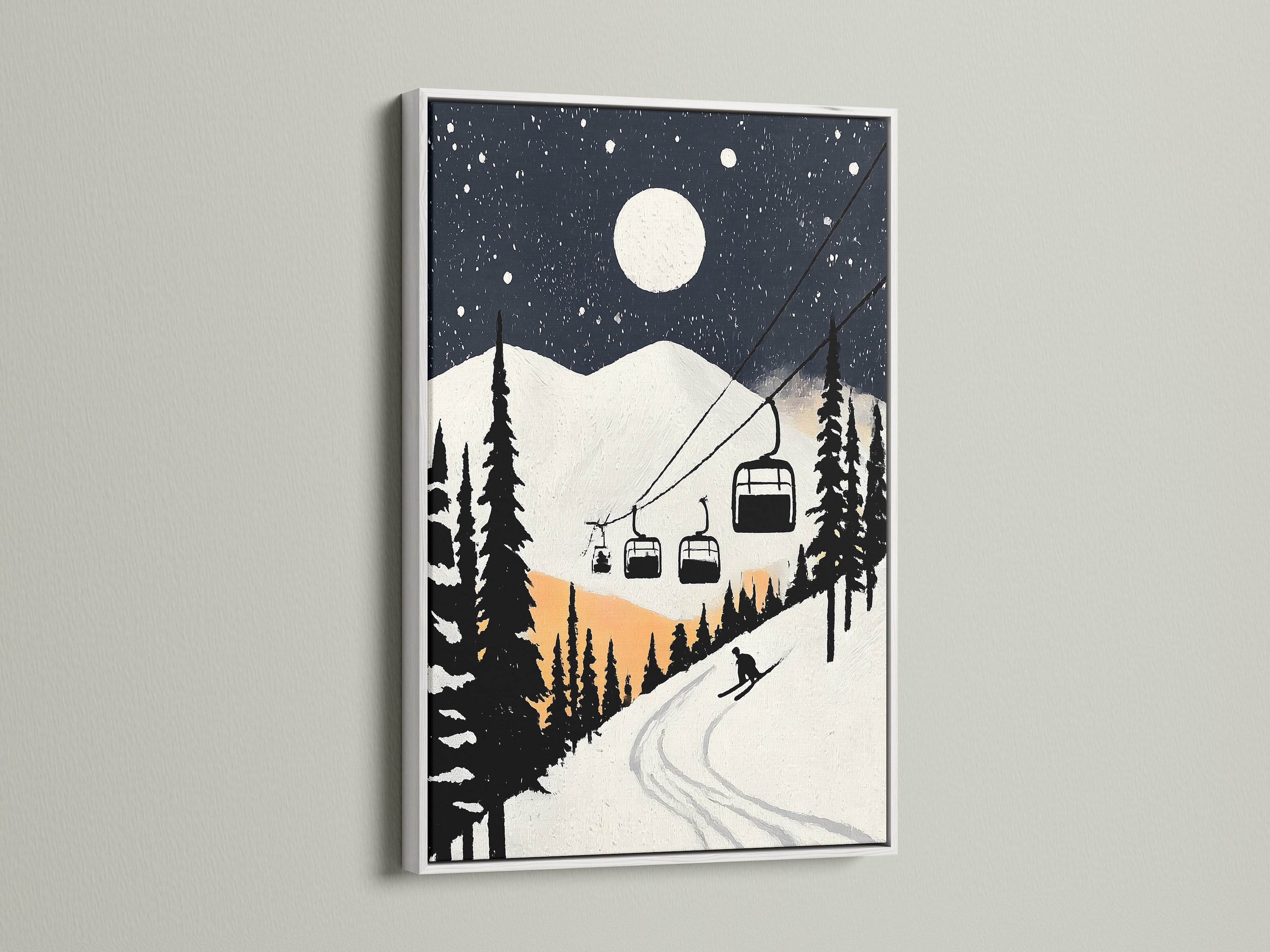 Brighten your home with our Ski Resort Canvas Print. This winter mountain art comes in a clean white frame. This vintage ski lift poster is ideal for lodge decor. The snowy night scene wall art adds a fresh touch. It elevates rustic Scandinavian or modern styles.