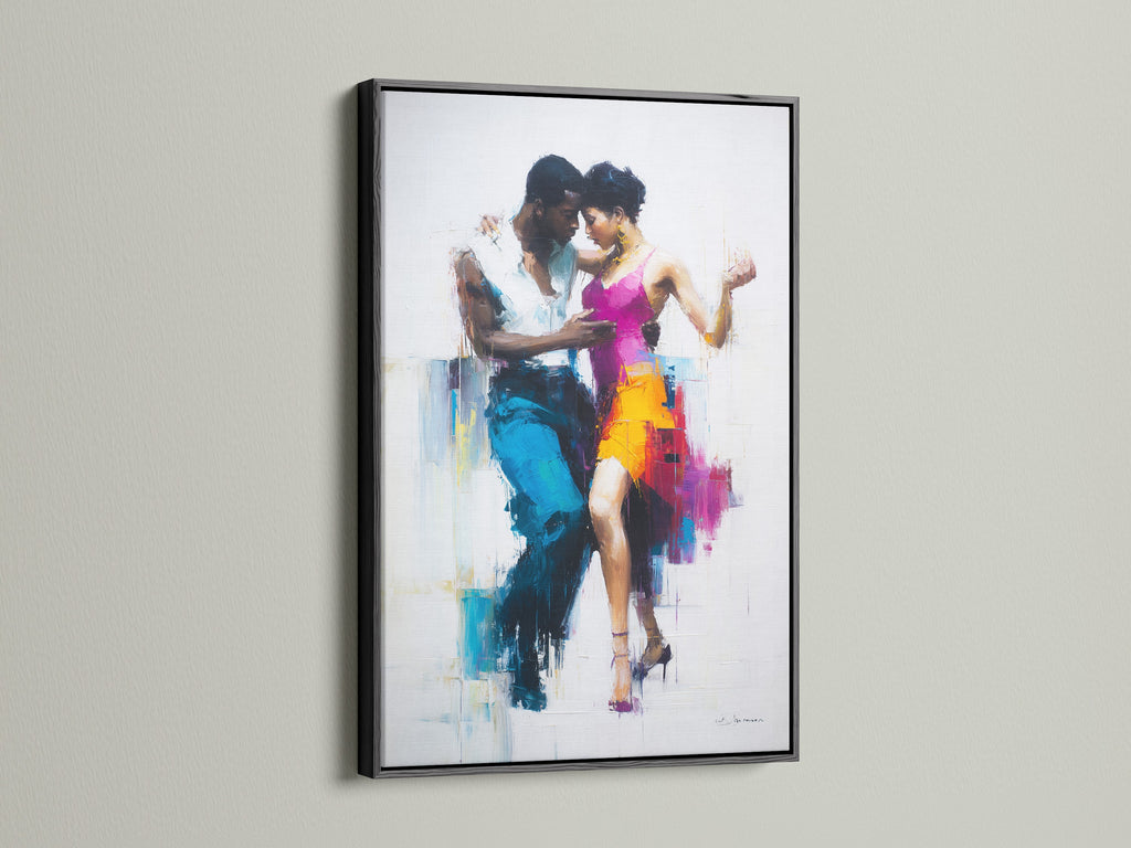 A black frame art piece hangs elegantly. The artwork portrays a dancing couple. The black frame gives a bold. It provides a classic touch. The art commands attention. The contrast is striking. The dancers move with energy. This artwork is perfect for adding drama to a space.