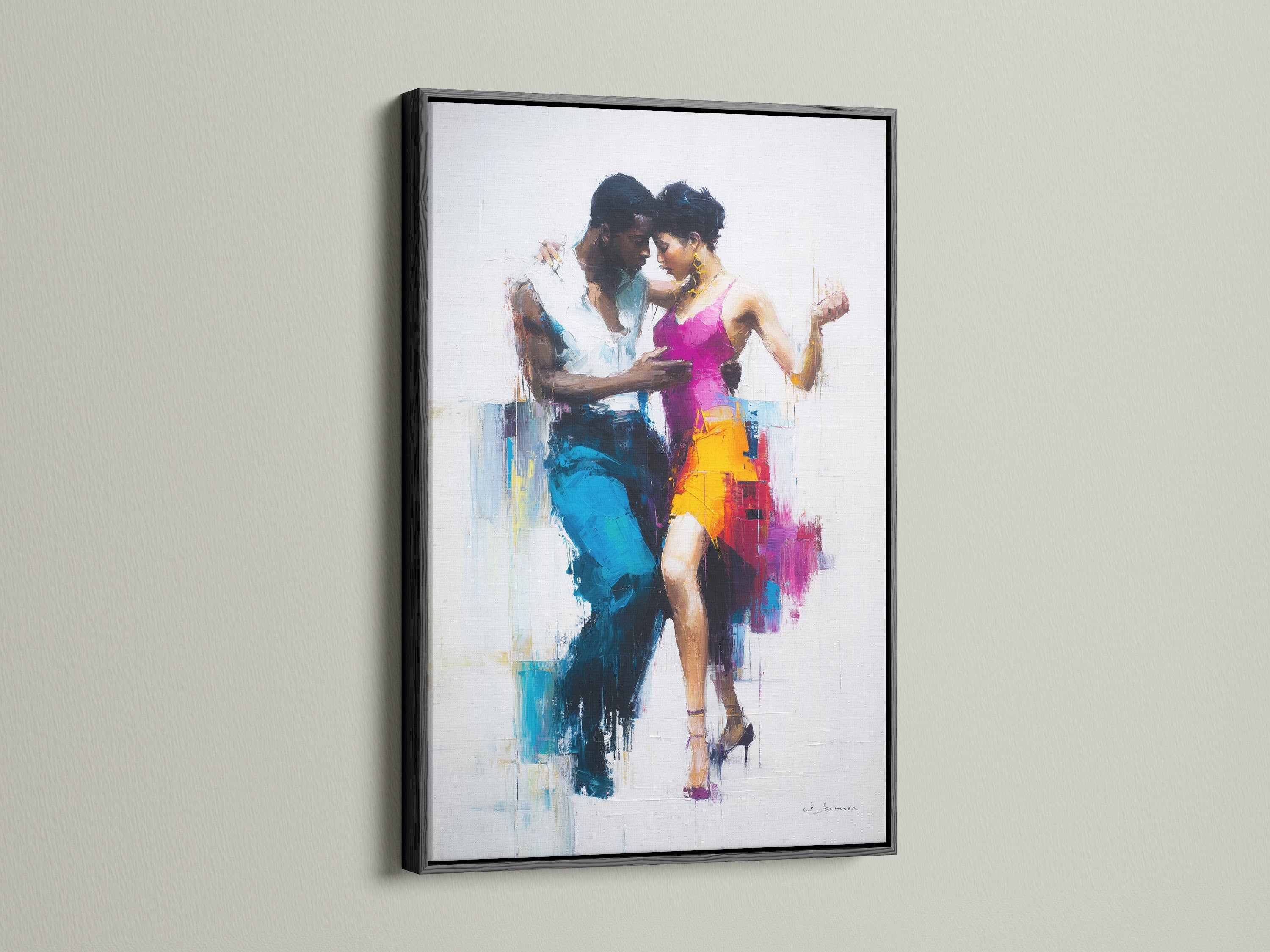 A black frame art piece hangs elegantly. The artwork portrays a dancing couple. The black frame gives a bold. It provides a classic touch. The art commands attention. The contrast is striking. The dancers move with energy. This artwork is perfect for adding drama to a space.