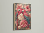 Tropical parrot artwork is displayed in an oak frame. The piece is vintage botanical wall art. Pink coral floral bird artwork will enhance your bedroom decor. Elevate your living space with this tropical bird print.
