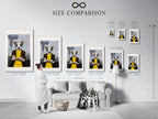 A size comparison chart in an interior setting displays various dimensions of the quirky dog portrait art. Visualize how this anthropomorphic animal canvas print will look in your space. Choose the perfect size for your whimsical wall art needs. The artwork features primary color yellow and secondary color grey.