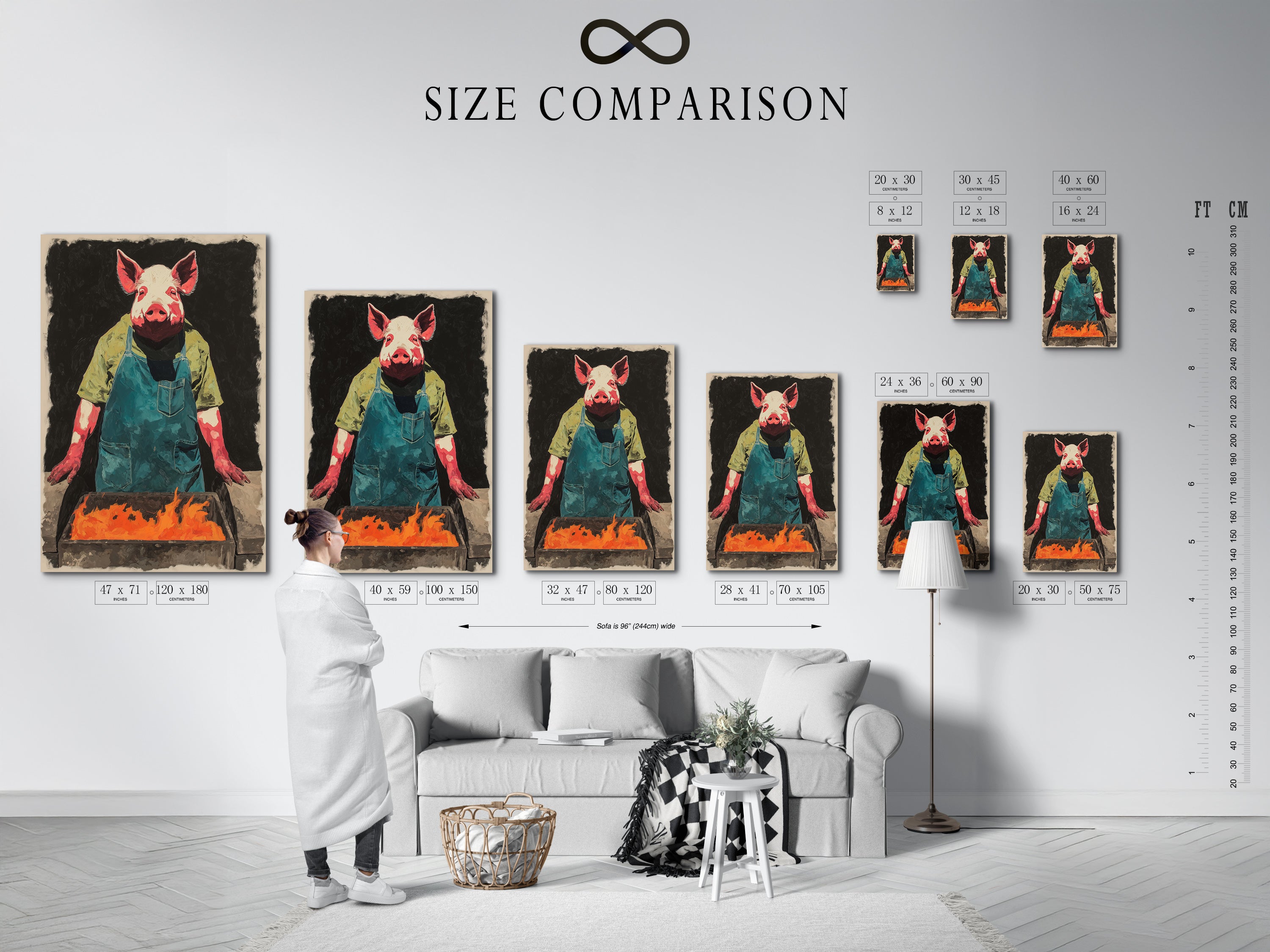 A size comparison chart is shown in an interior setting. The chart helps visualize the different sizes available. Featured is the Pig Chef artwork. Plan the perfect fit for your space. The quirky animal kitchen art will enhance any room. It is ideal for rustic decor.
