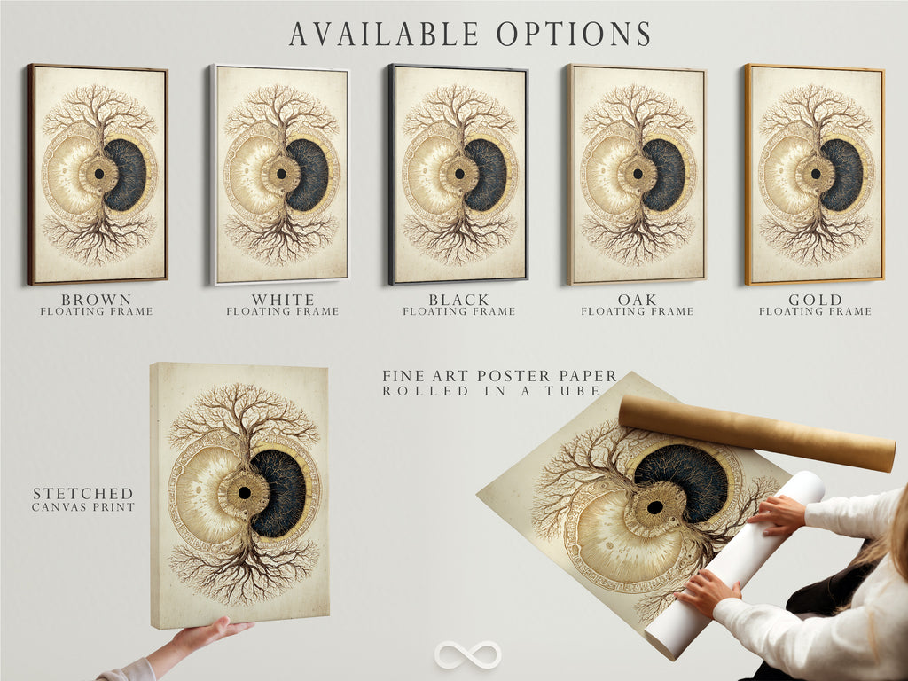 Available options include stretched canvas print fine art poster paper and floating frame. The artwork features a tree and eye artwork. Choose your preferred format. Each option offers a unique look. The stretched canvas is ready to hang. The poster paper is perfect for framing. The floating frame adds a modern touch.
