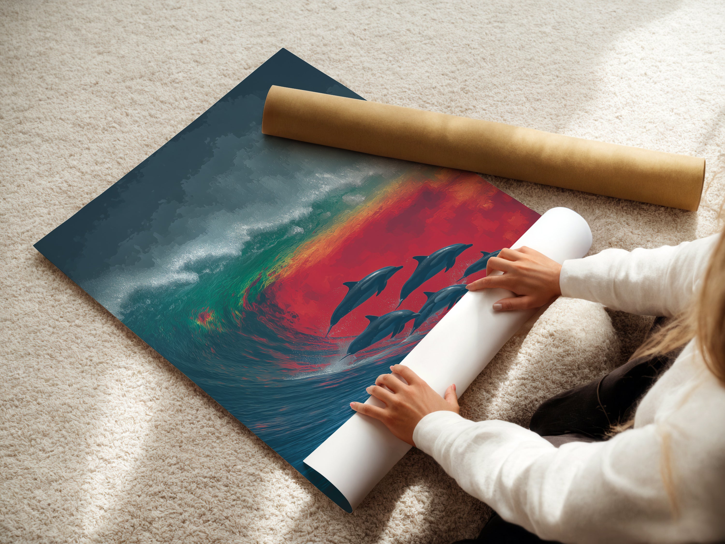 A woman is carefully rolling a fine art poster paper. The paper showcases the Dolphin Wave artwork. Ideal for homeowners or renters seeking refined art. This print is perfect for nurseries or beach houses.