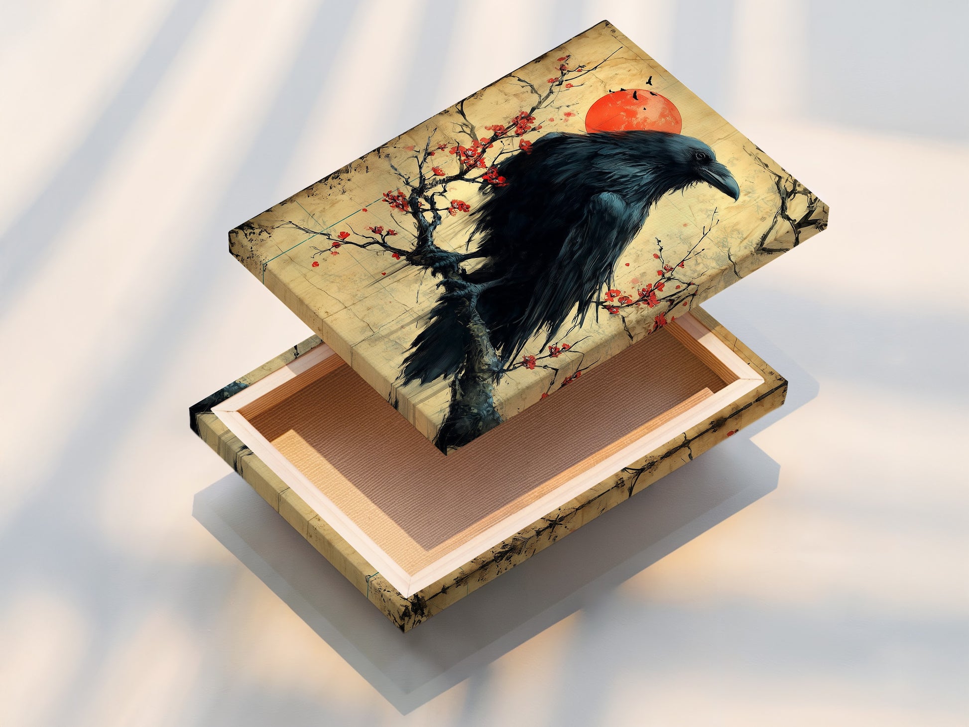 Stretched canvas print featuring a raven artwork. This Japanese art wall decor features a bird on a cherry blossom branch. The gothic print is ideal for living room wall art and bedroom wall decor.