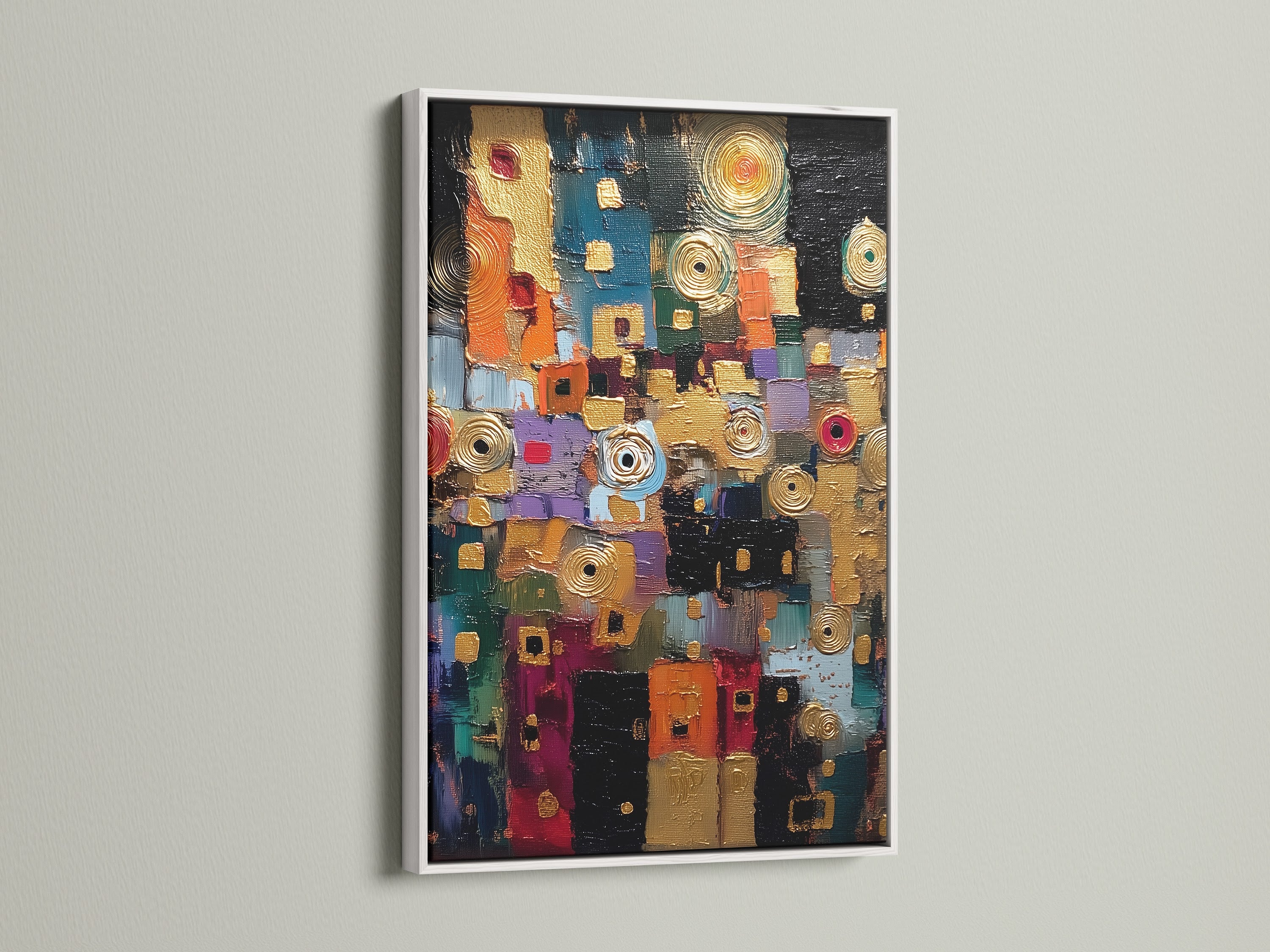 Abstract textured canvas art with a white frame. The colorful modern wall art showcases a contemporary print. This mixed media artwork is great for office decor. The vibrant abstract artwork elevates living rooms boutiques and offices. It is an excellent choice for boutique owners.