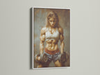 White frame artwork displaying a strong woman. This fitness wall art is perfect gym wall decor. It features a determined female bodybuilder. Get motivated with this poster for your home gym. It's a great fitness motivation.