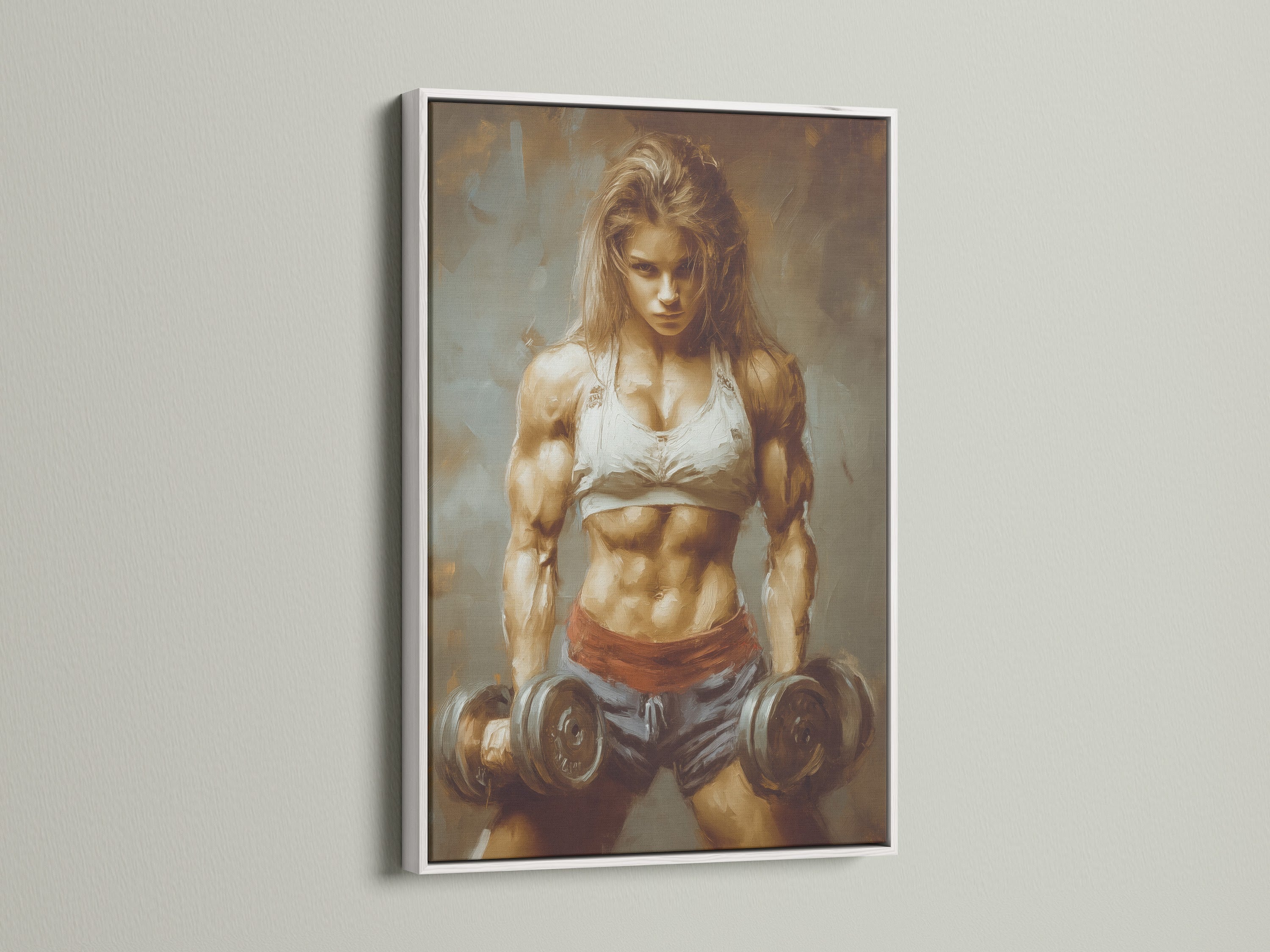 White frame artwork displaying a strong woman. This fitness wall art is perfect gym wall decor. It features a determined female bodybuilder. Get motivated with this poster for your home gym. It's a great fitness motivation.