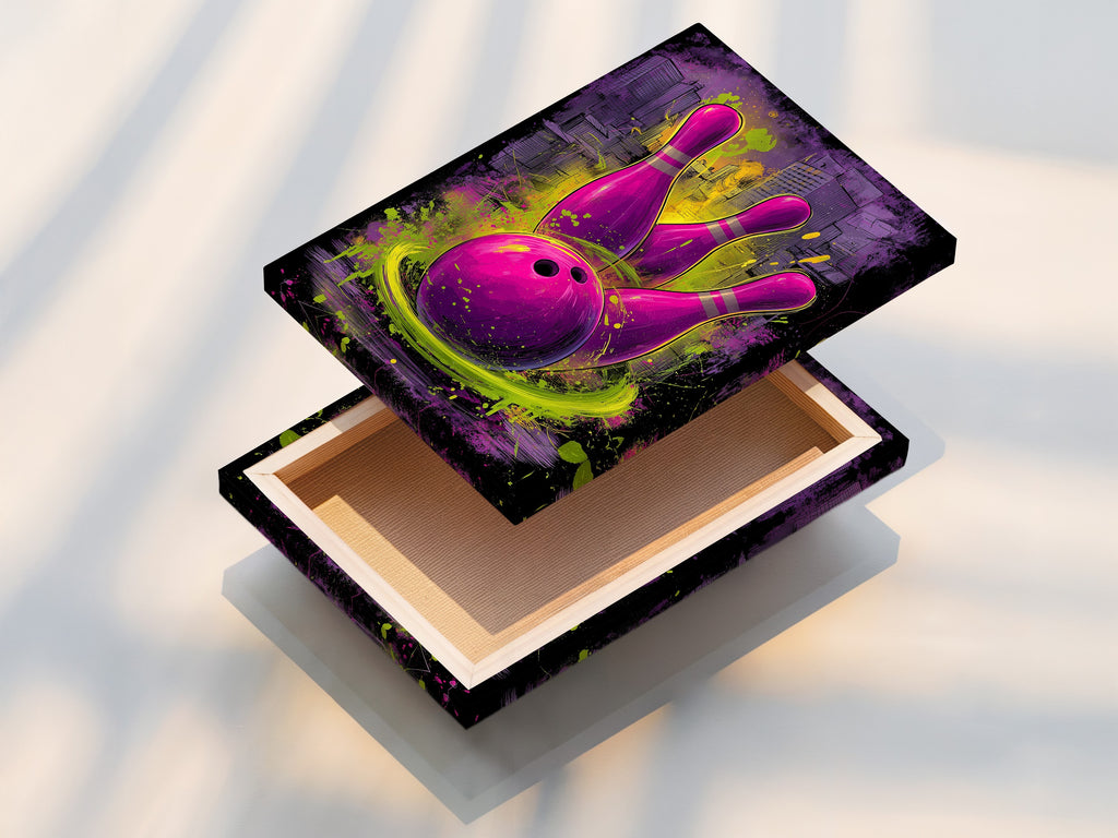 A vibrant stretched canvas print of bowling art is displayed. The purple and green graffiti artwork is ready to hang. Ideal for adding a splash of color to a game room or man cave. This urban sports wall decor will transform any space with its dynamic energy.