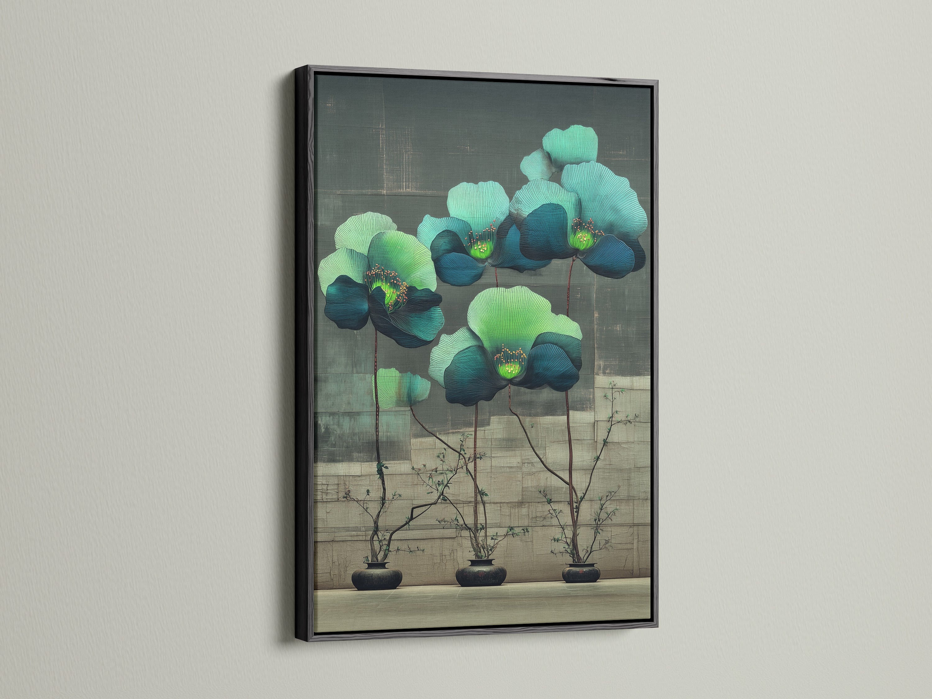 Modern floral botanical artwork with teal and green flowers displayed in a black frame. The black frame adds a touch of sophistication and elegance. It's ideal for modern or eclectic styles looking for botanical print.