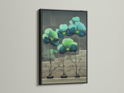 Modern floral botanical artwork with teal and green flowers displayed in a black frame. The black frame adds a touch of sophistication and elegance. It's ideal for modern or eclectic styles looking for botanical print.