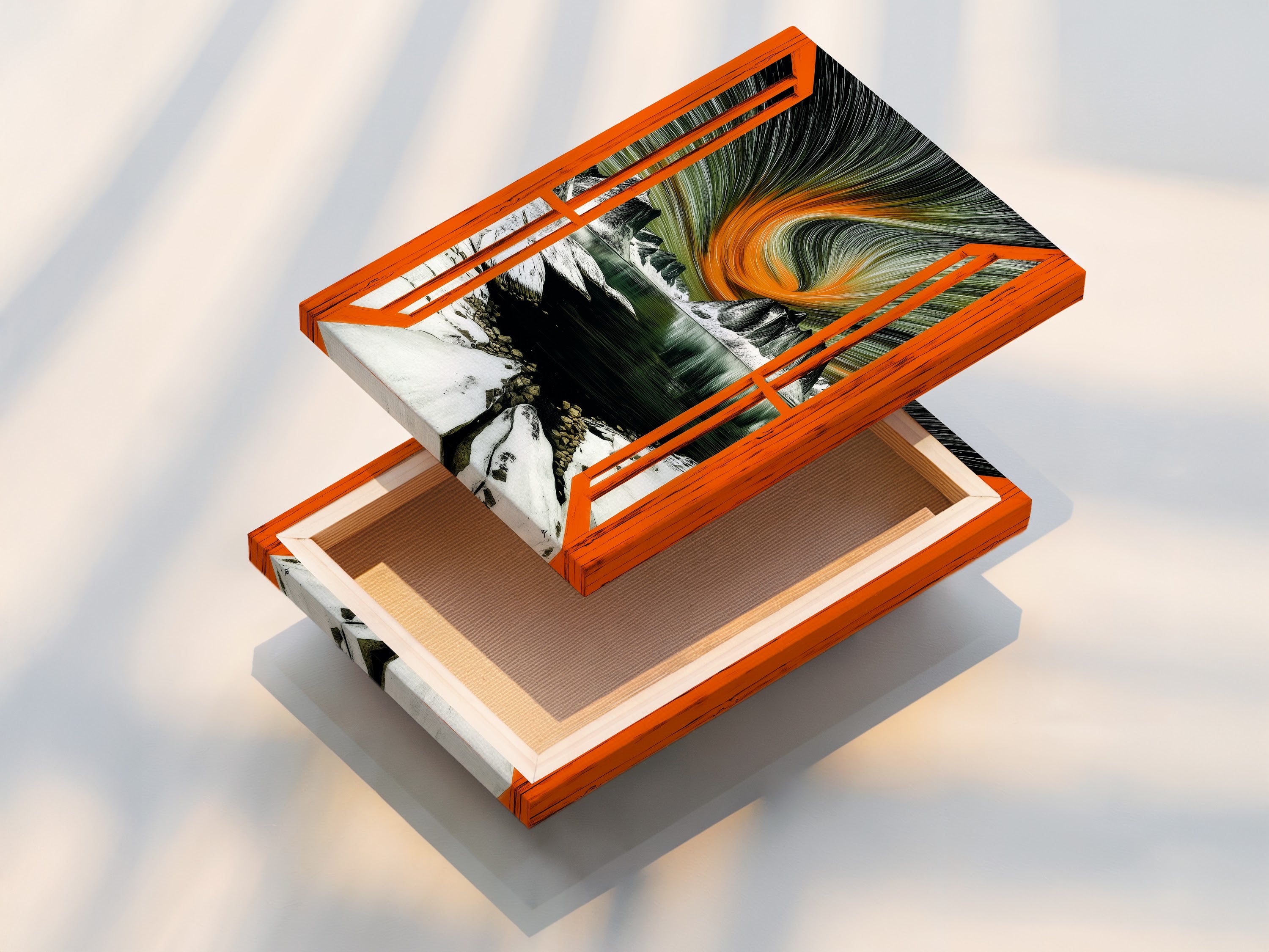 This image showcases a stretched canvas print of the aurora borealis artwork. The arctic landscape wraps around the frame. It creates a gallery-worthy piece. The stretched canvas provides a clean and modern look. It is ready to hang and enjoy. This format is ideal for those seeking a hassle-free and impactful display option. It brings the beauty of the northern lights to your walls.