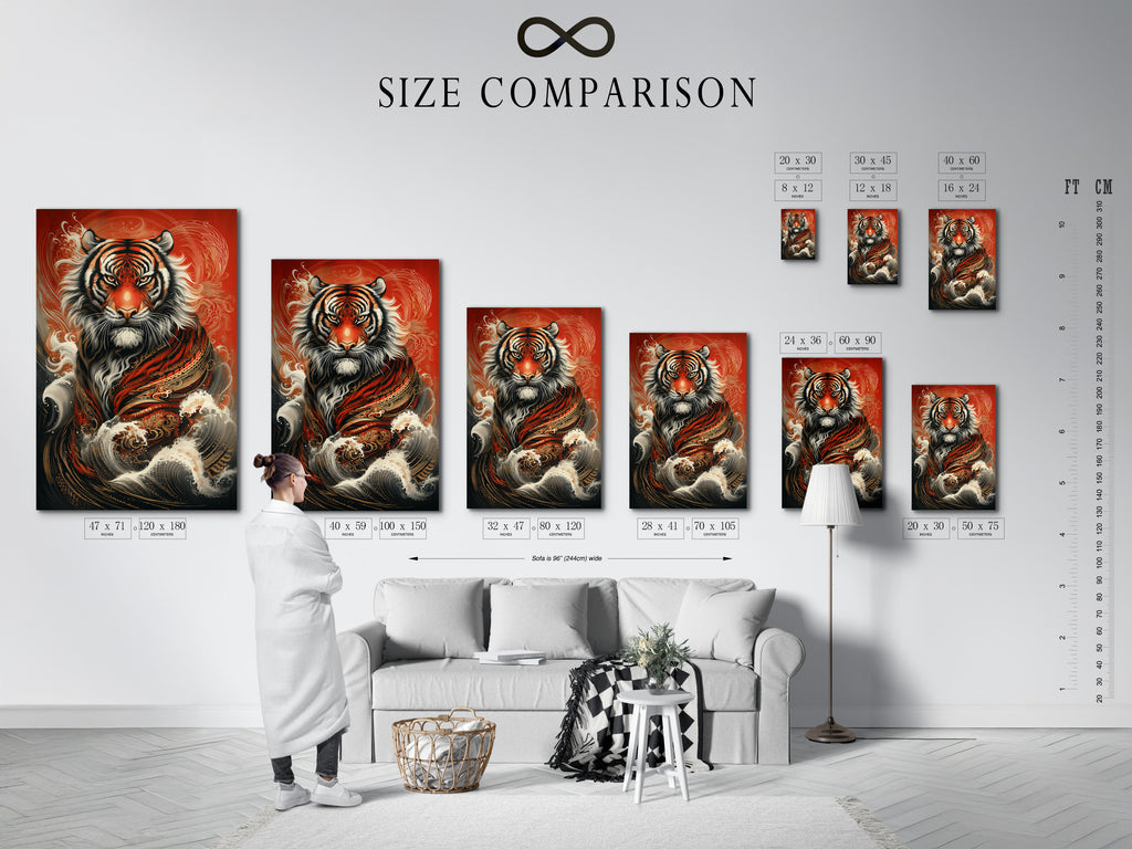 Compare the sizes of our tiger art prints with this helpful chart. See how the artwork fits in different interior spaces. Choose the perfect size for your wall decor needs. The mystical animal poster is shown in various dimensions. Find the ideal fit for your home or office.