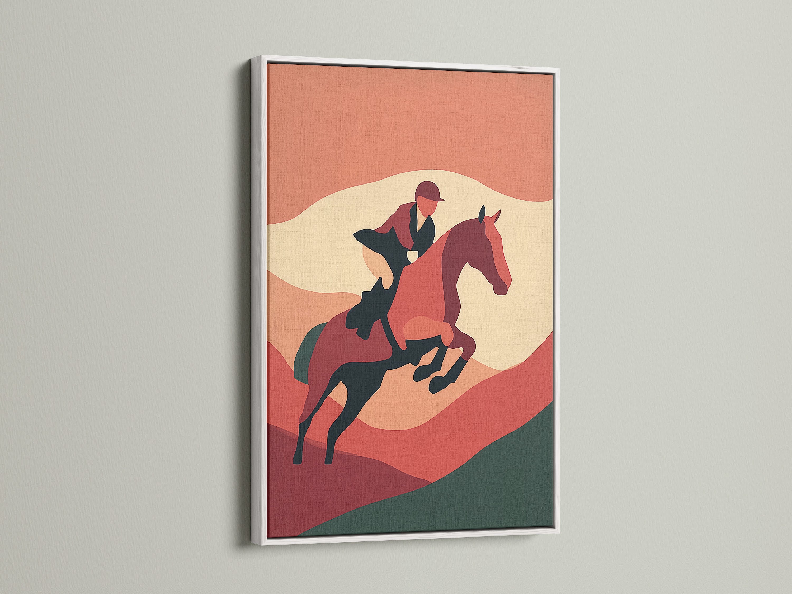 This equestrian art print is presented in a white frame. The vintage horse art is a terracotta piece. It is perfect for creating a focal point in your study room. This western wall art complements rustic and farmhouse styles. Display this horse artwork to celebrate equestrian themes.