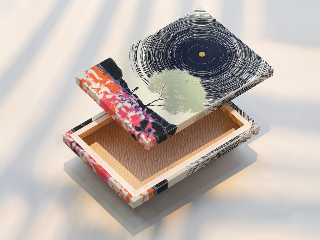 A stretched canvas print showcases vibrant colors and intricate details. See how abstract landscape artwork transforms into a captivating wall art piece. Transform your living space with our modern canvas artwork.