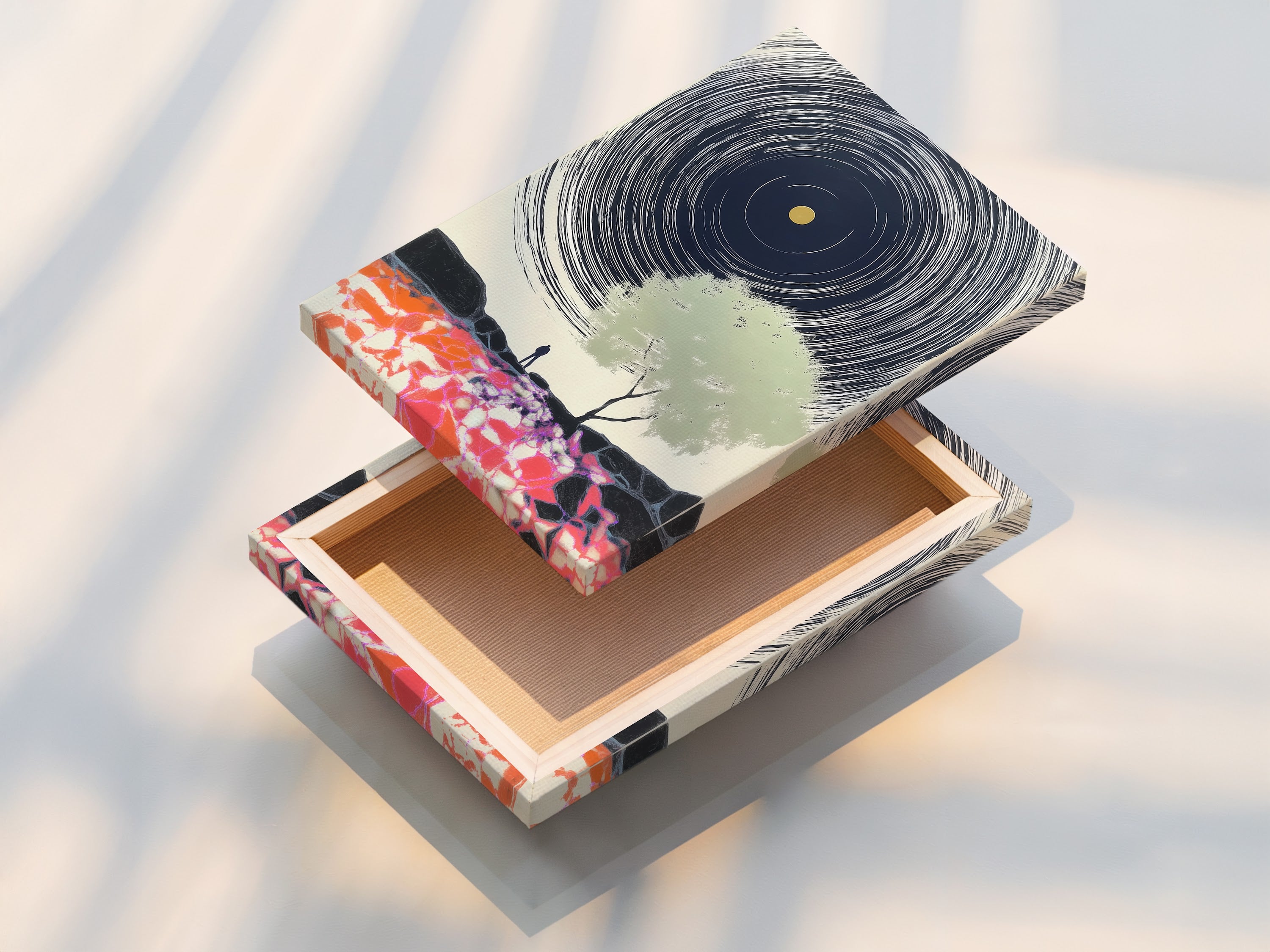 A stretched canvas print showcases vibrant colors and intricate details. See how abstract landscape artwork transforms into a captivating wall art piece. Transform your living space with our modern canvas artwork.