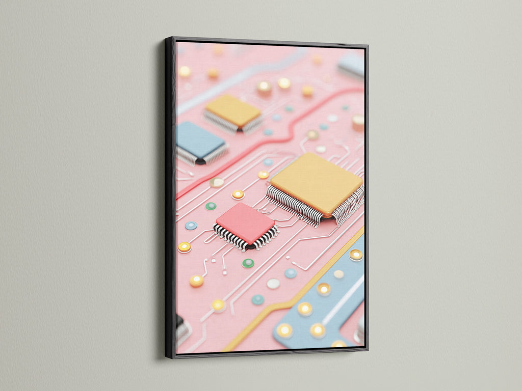 Modern circuit board artwork print in a sleek black frame. The pink and blue computer chip art offers a contemporary vibe. A great techy gift for engineers or anyone who appreciates modern decor. Perfect for office or living spaces.