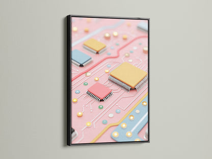 Modern circuit board artwork print in a sleek black frame. The pink and blue computer chip art offers a contemporary vibe. A great techy gift for engineers or anyone who appreciates modern decor. Perfect for office or living spaces.