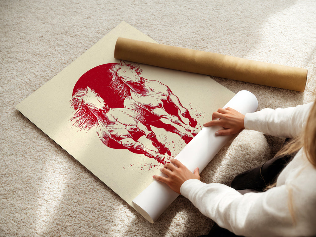 A woman is carefully rolling a fine art poster paper. She is preparing the artwork for framing or display. The fine art poster paper ensures high-quality reproduction. This allows for preservation of artwork.