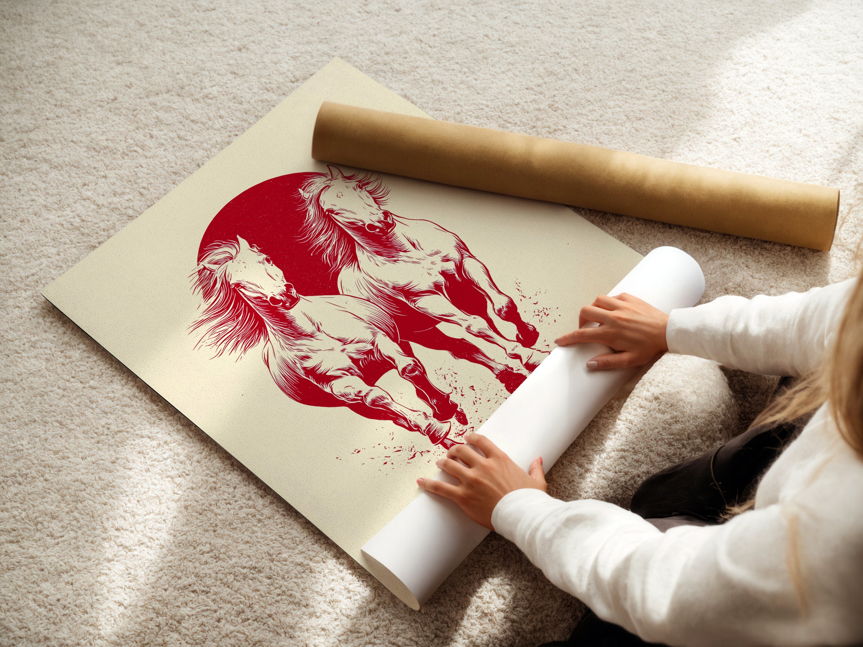 A woman is carefully rolling a fine art poster paper. She is preparing the artwork for framing or display. The fine art poster paper ensures high-quality reproduction. This allows for preservation of artwork.
