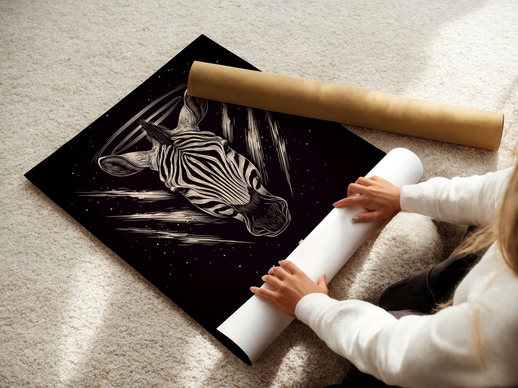 A woman rolling a fine art poster paper featuring Zebra Celestial artwork. This gothic animal wall art features sacred geometry. The fine art poster is perfect for any space. Add spiritual art to your bedroom wall. A unique black art print.