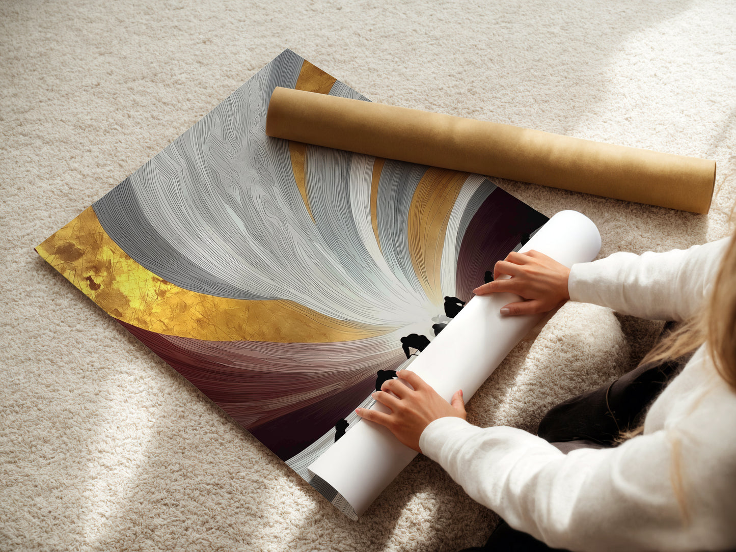 A woman is rolling fine art poster paper. High-quality materials ensure your cyclist artwork looks stunning. Perfect for creating a gallery-worthy display in your home or office. Professional quality assured.