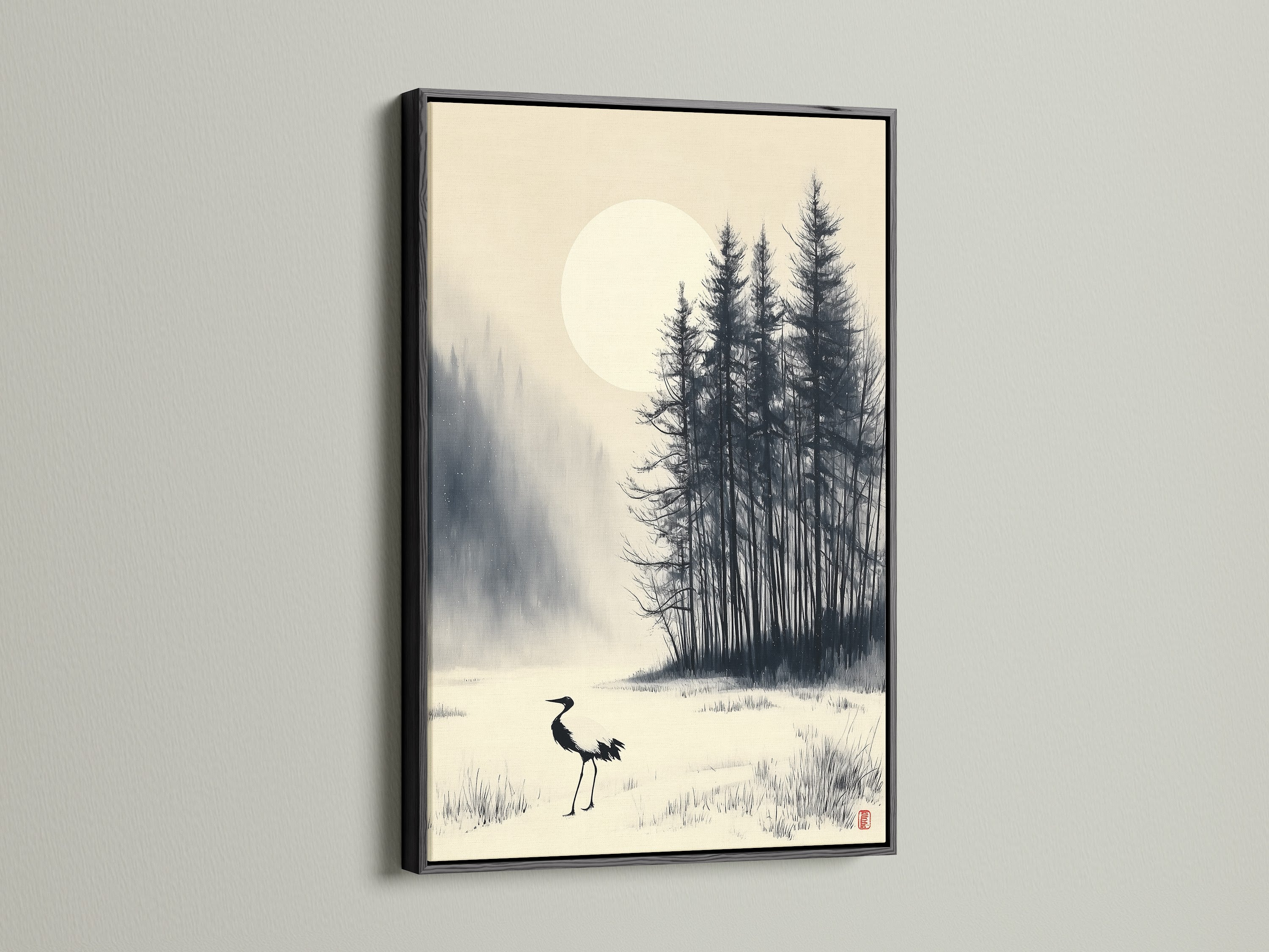 See the crane wall art in a black frame. This Japanese ink wash art creates a striking focal point. The winter forest artwork adds elegance to any room. This Asian art print is perfect for minimalist or modern decor. Explore this serene wall art for your home or office.