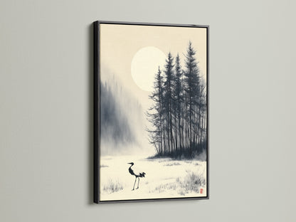 See the crane wall art in a black frame. This Japanese ink wash art creates a striking focal point. The winter forest artwork adds elegance to any room. This Asian art print is perfect for minimalist or modern decor. Explore this serene wall art for your home or office.