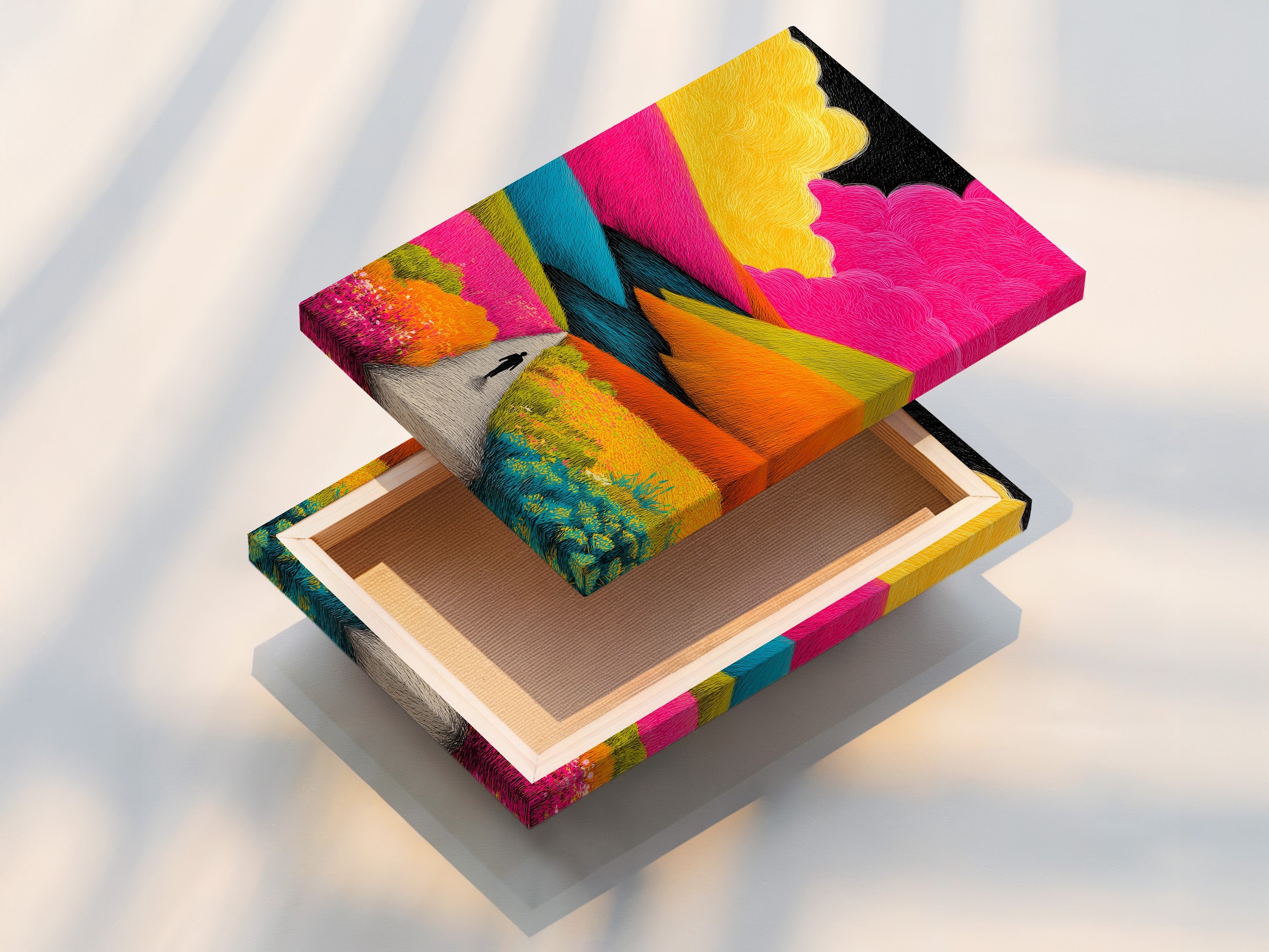 This is a stretched canvas print. The canvas is tightly stretched over a frame. The artwork wraps around the edges. This canvas print is ready to hang. The artwork is displayed in a home interior.