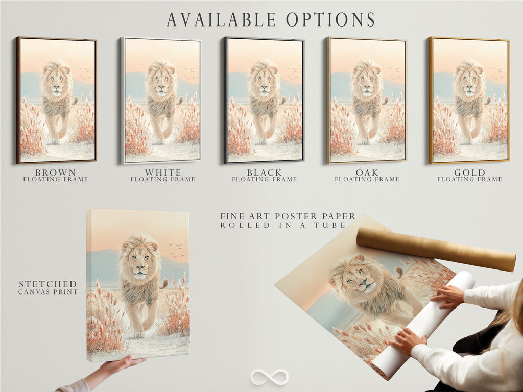 Available options for the lion artwork. Choose from stretched canvas print fine art poster paper or floating frame. The wildlife print and neutral tones create a stunning visual effect. Ideal for customizing your wall decor. The safari art is a great way to add a touch of the wild to your home.